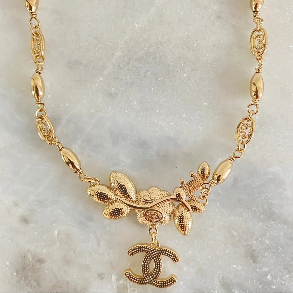 Gold CC Floral crystal pearl Necklace